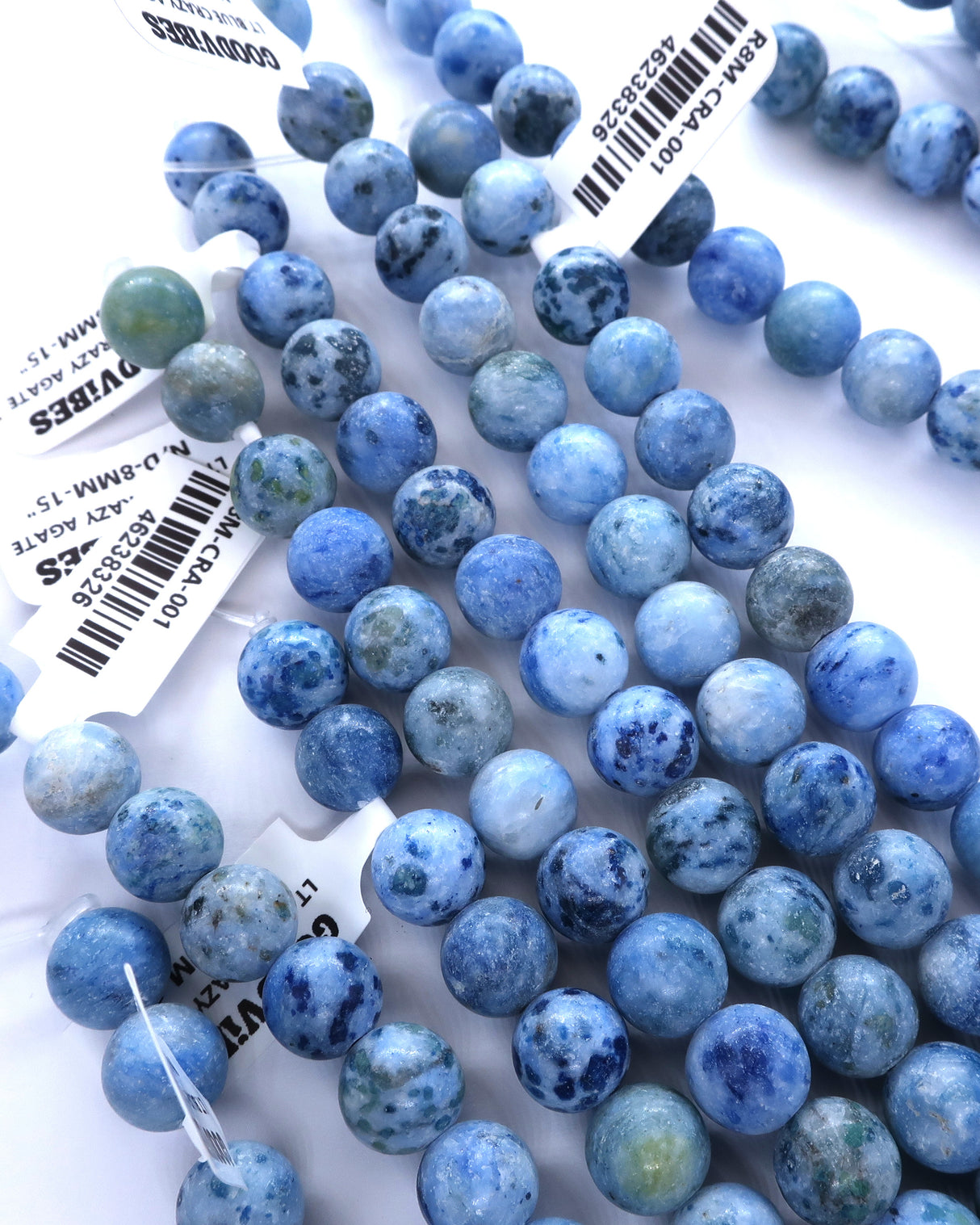 8mm · Frosted · Light Blue Crazy Agate · round beads · 15"