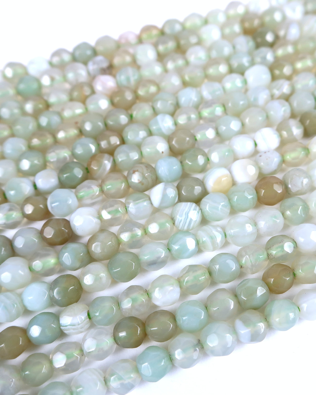 4mm · Faceted · Pale Green Stiped Agate · Round Beads · 15" full strand