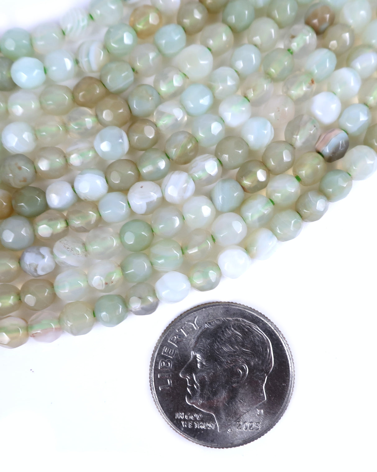 4mm · Faceted · Pale Green Stiped Agate · Round Beads · 15" full strand